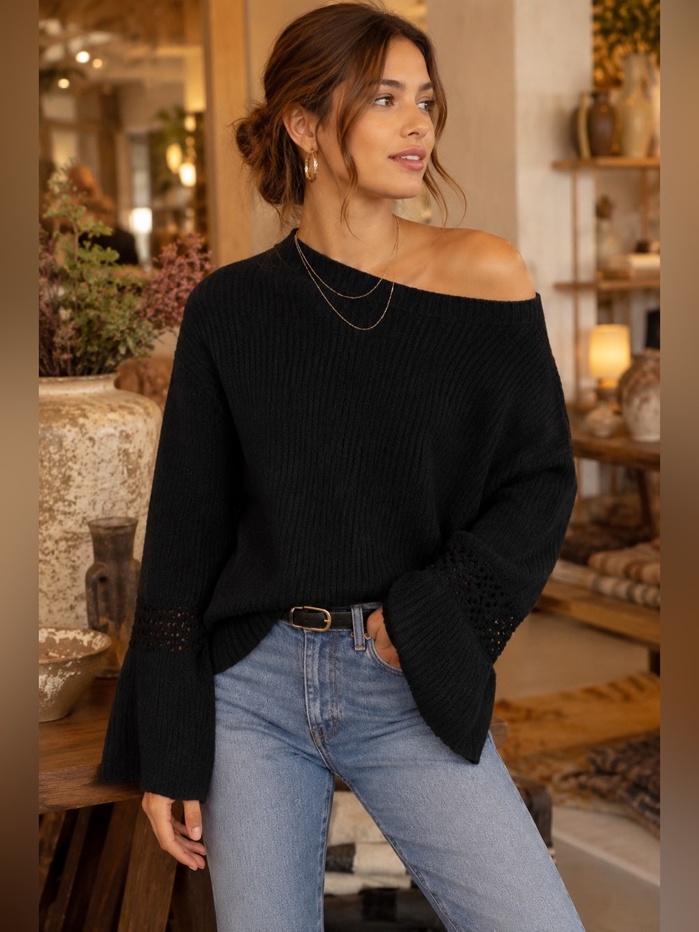 By Anthropologie Black Wool Blend Boat Neck Sweater Bell Sleeve Size Medium